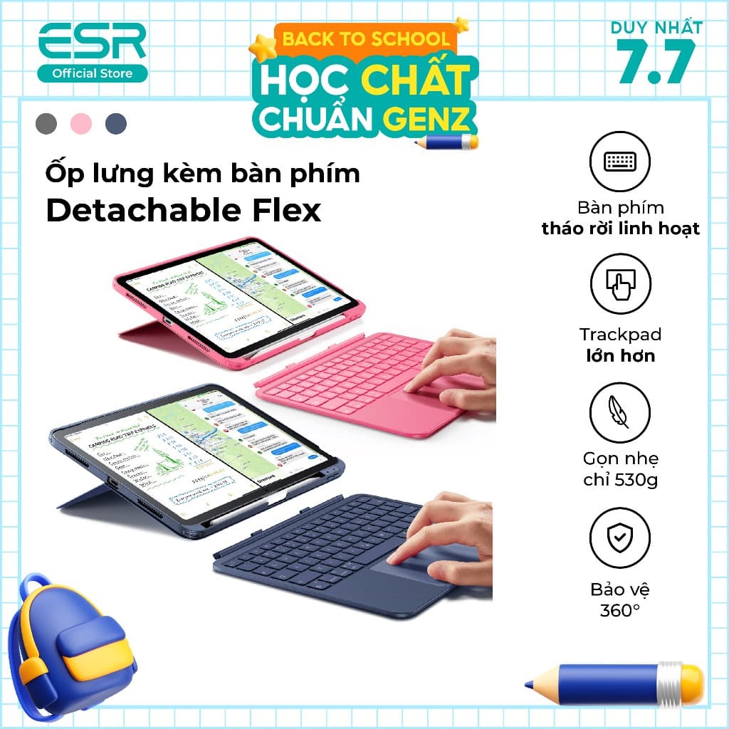 Ốp lưng kèm bàn phím Detachable Flex ESR dành cho máy tính bảng Gen 11/A16/10 tháo rời linh hoạt