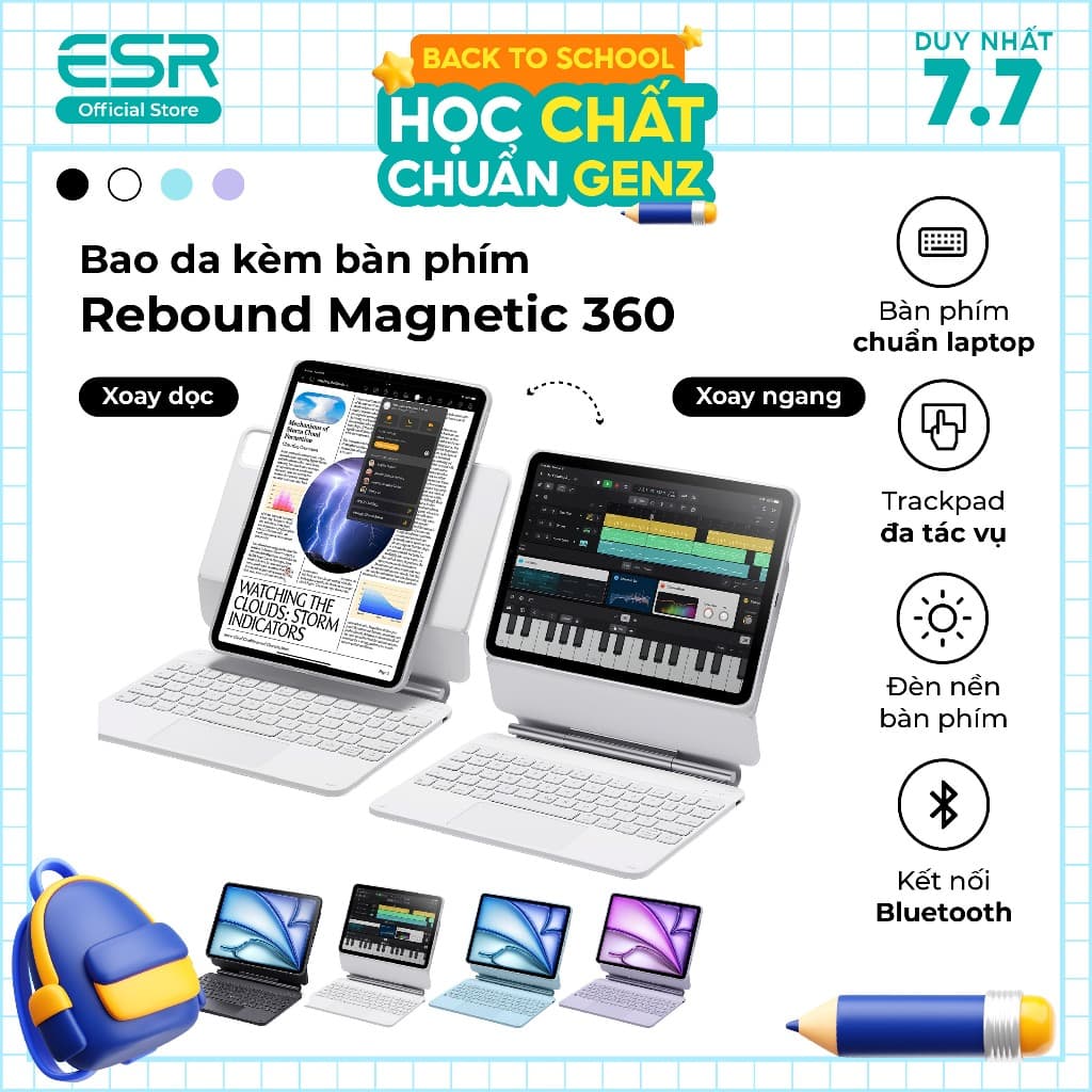 Bao da kèm bàn phím iPad ESR Magnetic Rebound 360 Bảo vệ toàn diện 3 góc xem cho Air 11" 13" (2024/2025/2026) Pin 180h