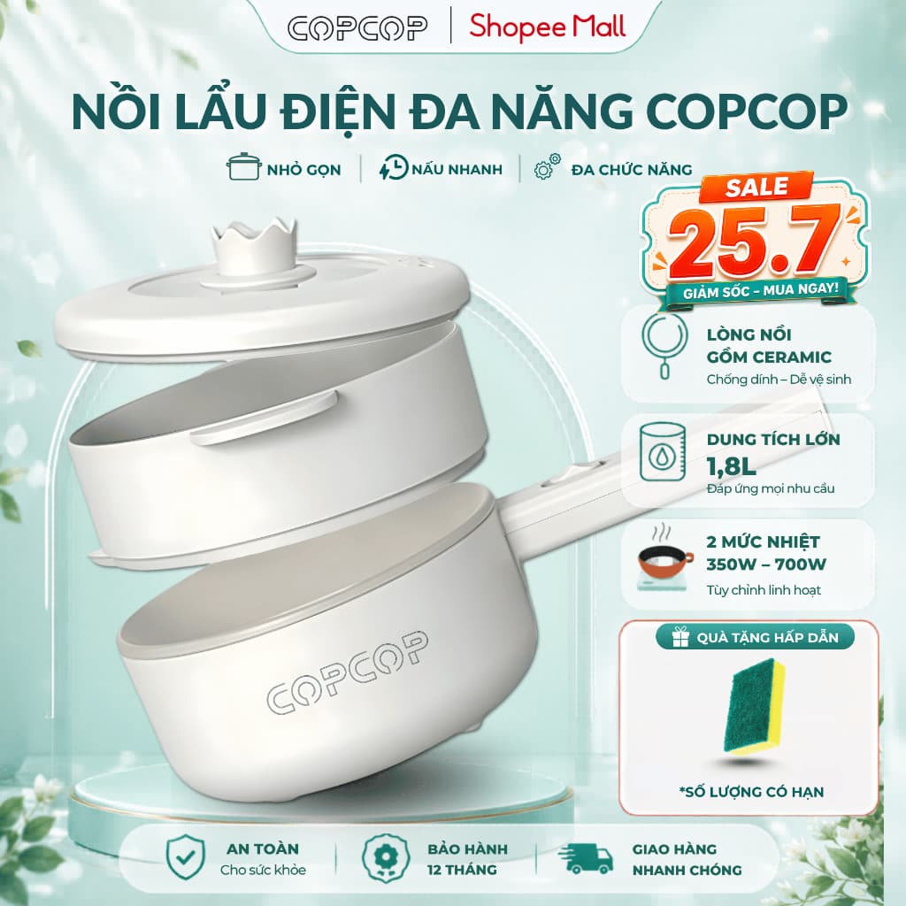 Nồi lẩu điện đa năng COPCOP nồi lẩu dung tích 1.8L tặng kèm khay hấp tiện lợi bảo hành 12 tháng